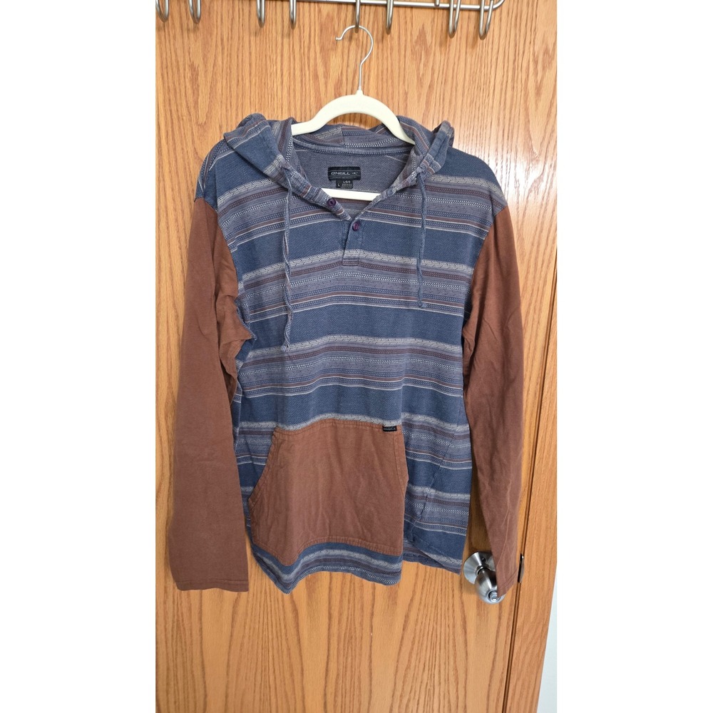 ONeill Mens Striped Henley Hoodie Blue Brown Colorblock Long Sleeve Shirt Large